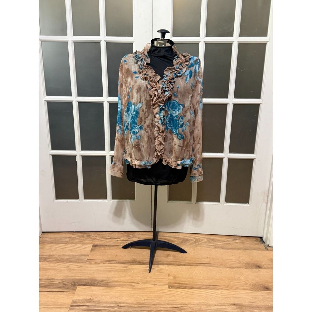 Vintage Carina Blue Floral Ruffle Sheer Blouse XL